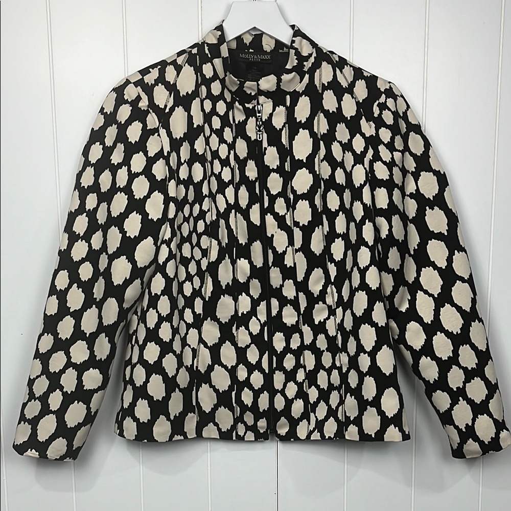 Molly & Maxx Womens Blazer/Jacket PM Black Tan Zip Front Animal Print Lined EUC